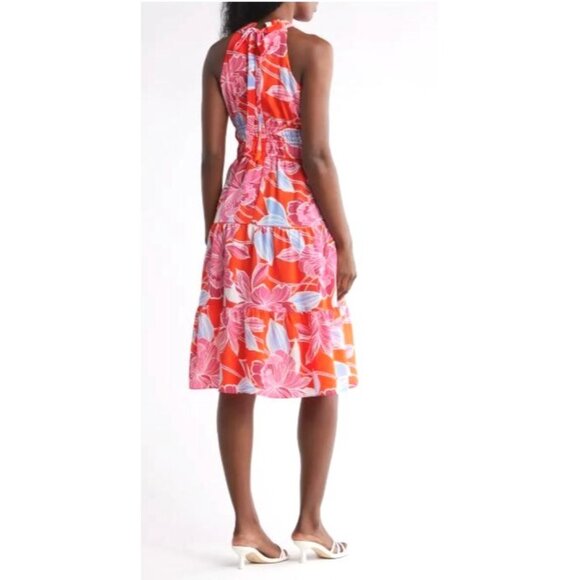 Eliza J Womens Red Pink Poppy Floral Pockets Halter Tiered Midi Dress Sz 16 New - Picture 2 of 8